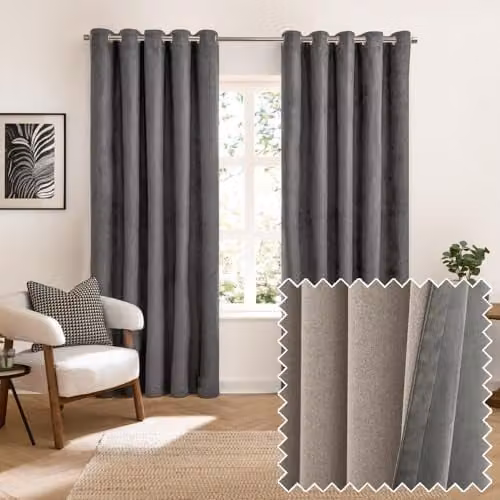 Furn Reversible Suede-Look Blackout Eyelet Curtain Pair in Anthracite, W/D/H: 137 x 229 cm