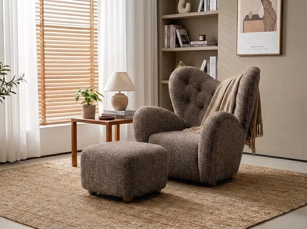 Araco Atelier Teddy Armchair in Pebbles Bouclé Fabric with Integrated Ottoman