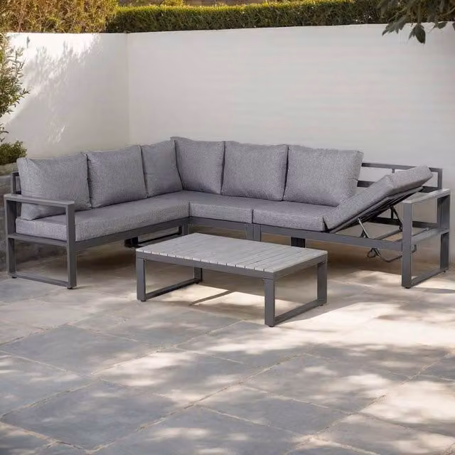Furnishings For Less UK Aluminium Charcoal L-Shaped Outdoor Garden Coffee Table in Grey, W: 185 cm x D: 60 cm x H: 72 cm