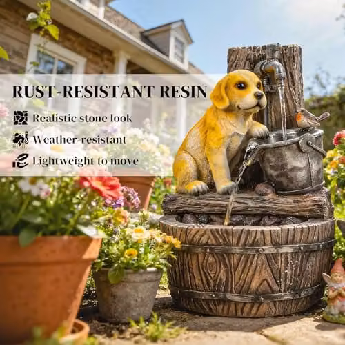 Outsunny Rustic Brown Puppy Design 3-Tier Garden Water Feature Cascade – 6