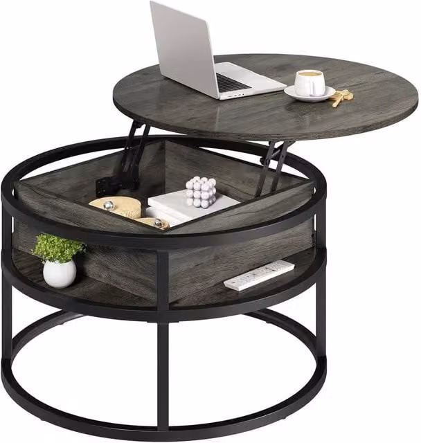 FORGEVIO Round Lift Top Coffee Table with Industrial Metal and Wood Design in Grey and Multicolour