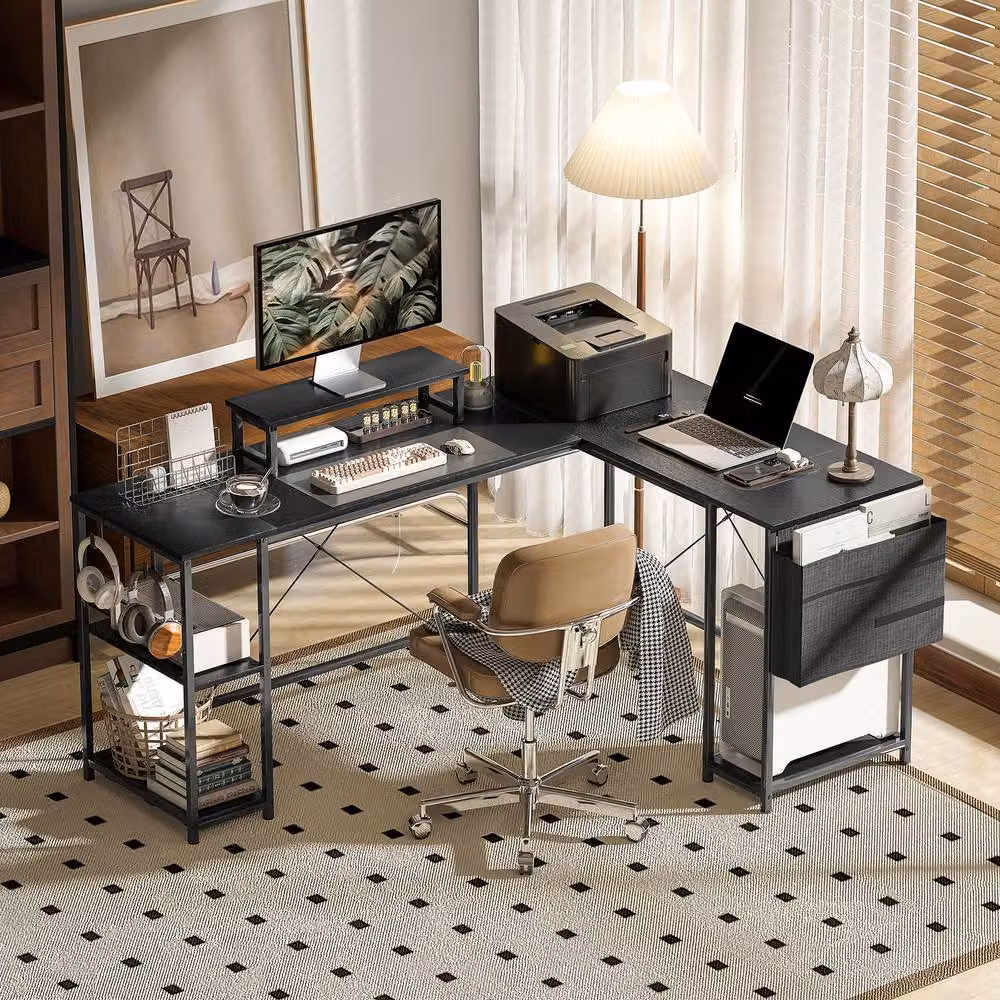 STILVORA L-Shaped Corner Desk with Storage and Monitor Stand in Black – 2