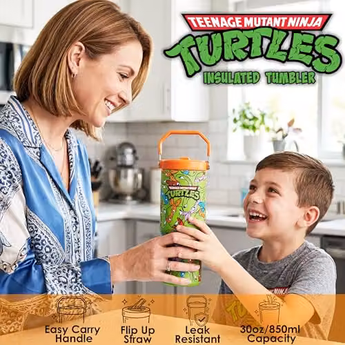 Get Trend Teenage Mutant Ninja Turtles Insulated Stainless Steel Tumbler with Straw and Handle, Green and Multicolour, 850ml – 2