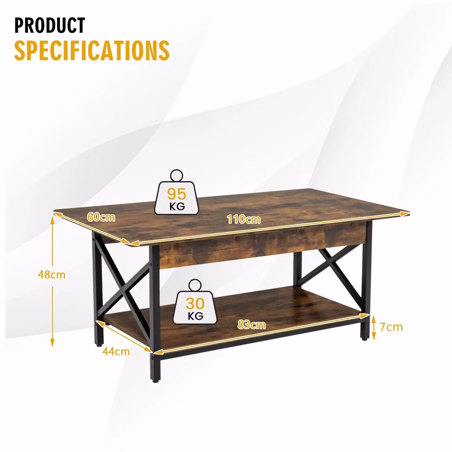Costway 2-Tier Industrial Coffee Table with Storage Shelf in Brown – 2