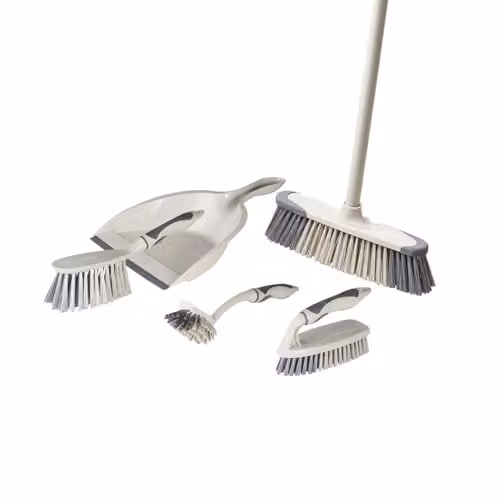Tower T769002MSH 5-in-1 Cleaning Set with Dustpan, Brush, Kitchen Broom, Dish Brush and Scrub Brush, Grey and Latte