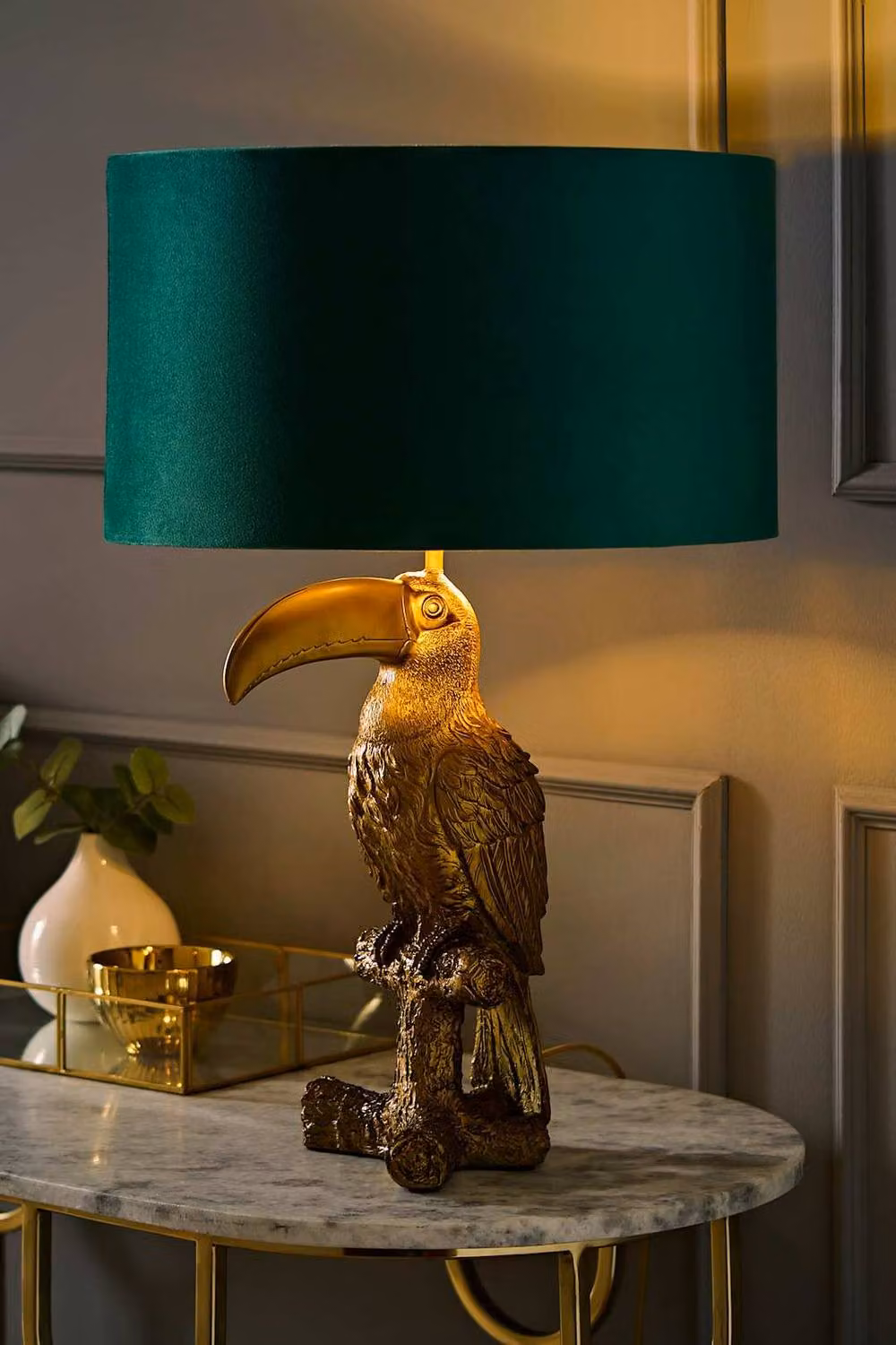 ValueLights Tuki Toucan Table Lamp with Green Velvet Drum Shade and Bulb in Bronze and Gold – 2