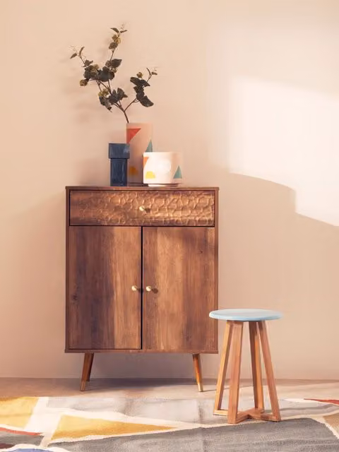 Orsina Blue and Natural Bamboo Round Stool – 2