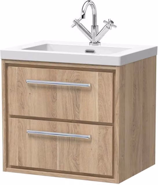 Balterley Longnor 2 Drawer Wall Hung Vanity Basin Unit, Light Oak, Brown, Width: 60 cm