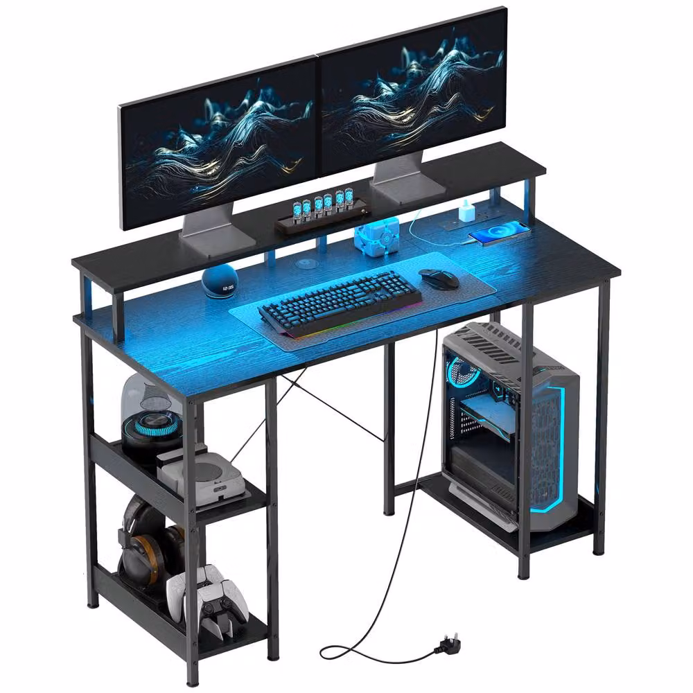 Rolipo Modern LED Computer Desk with Power Outlets and Shelves in Black – 2