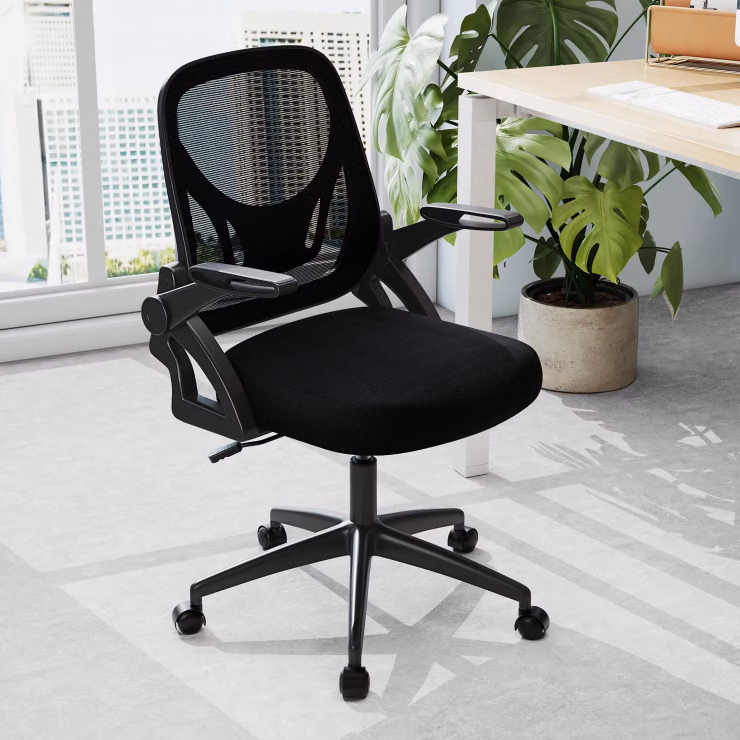 Gymax Black Fabric Swivel Mesh Office Chair with Adjustable Height and Flip-up Arms – 3