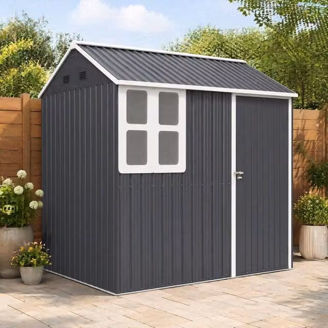 STILVORA Modern Galvanised Steel Garden Shed with Window and Side Vent in Dark Grey, W/D/H: 222 x 172 x 216 cm – 1
