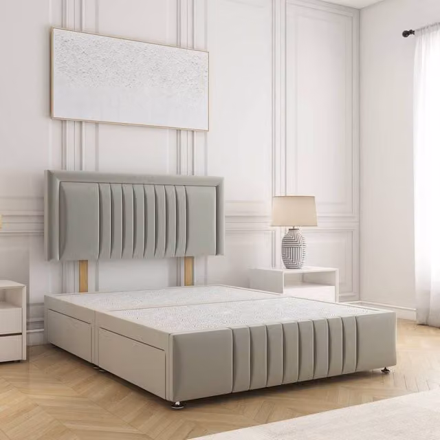BSSPOKE Lily Plush Velvet Small Double Divan Bed with 24 inch Headboard in Silver Grey, W/D/H: 120 x 200 cm