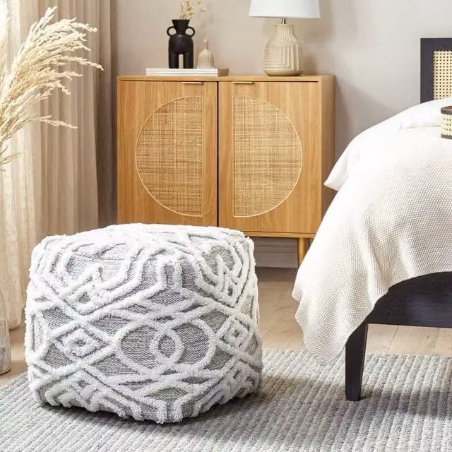 Wyld and Coco Geometric Knitted Cotton Pouffe in Grey and White, W/D/H: 40 x 40 x 40 cm – 1