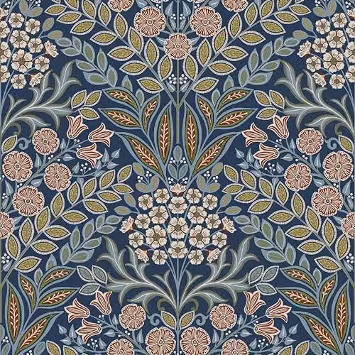 Grandeco Belevedere Arts and Crafts Floral Damask Wallpaper, Navy Blue