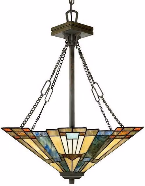 Inglenook 3 Light Tiffany Style Ceiling Pendant in Bronze with Multicolour Glass, Diameter: 44.5 cm