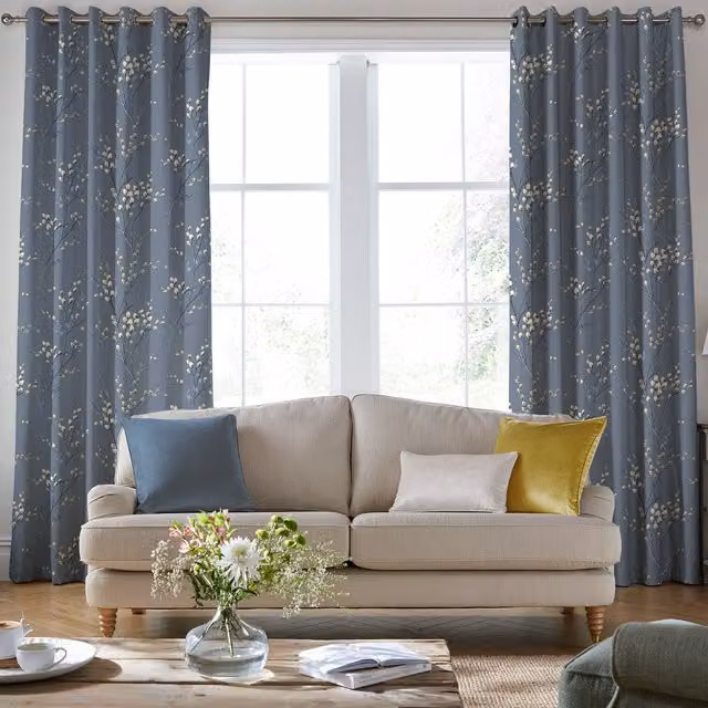 Laura Ashley Pussy Willow Made to Measure Blackout Eyelet Curtains in Dark Seaspray Blue