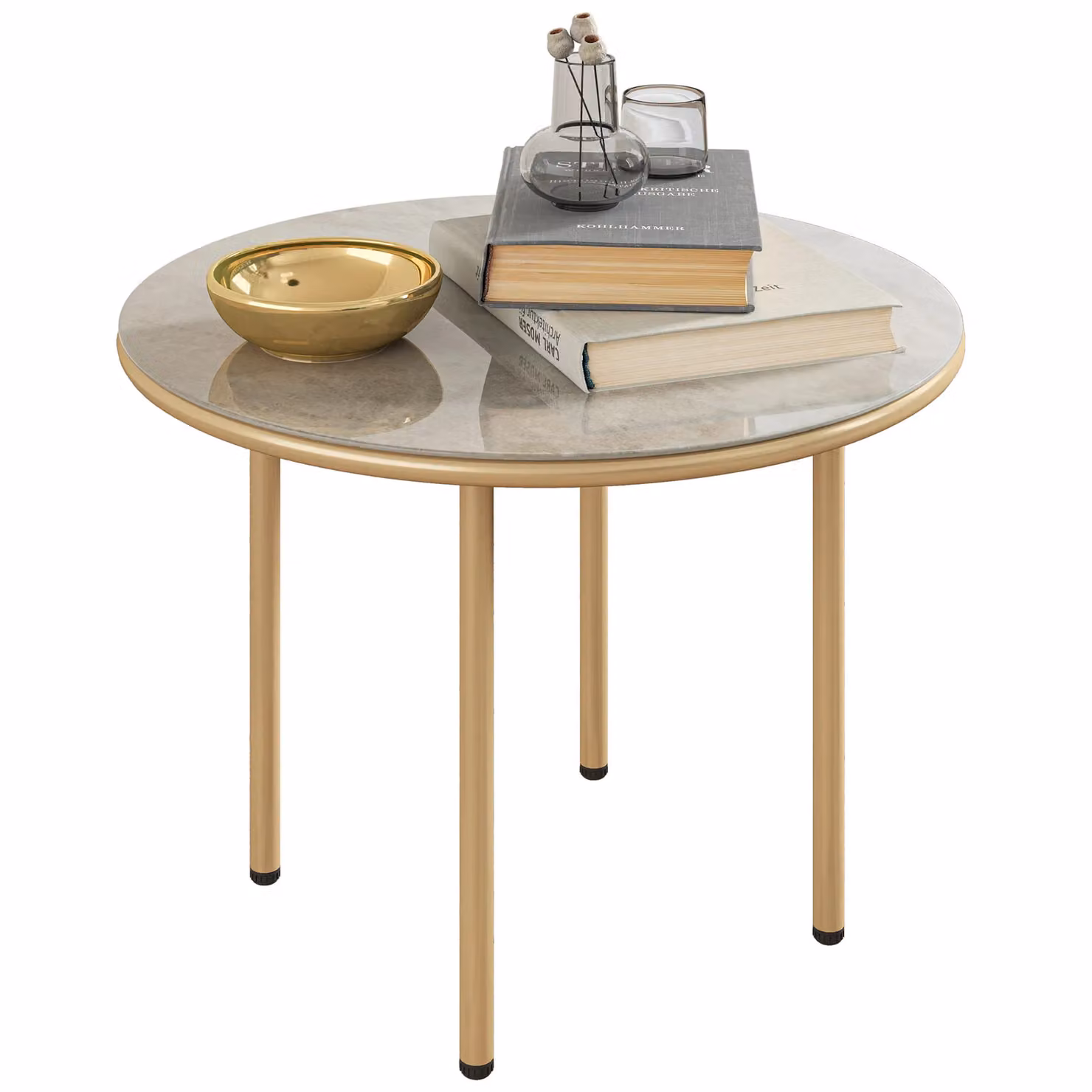 OUTSUNNY Round Small Garden Table with Faux Marble Glass Top in Beige – 2