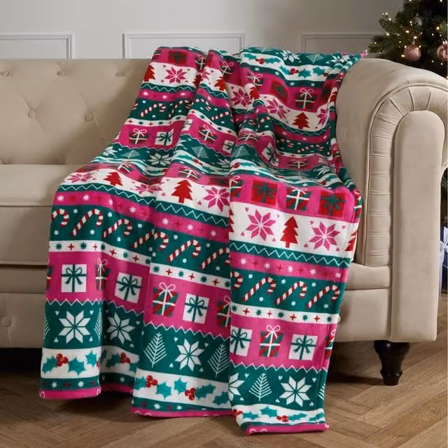 OHS Christmas Nordic Pink Sherpa Fleece Throw