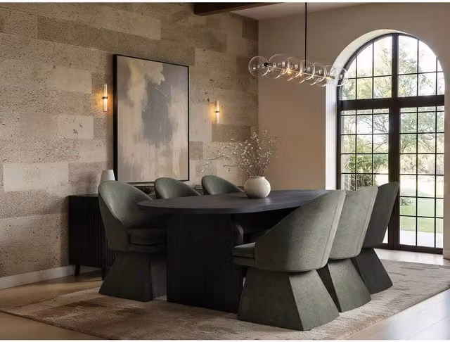Solace+Co Varm Black Extendable Oval Wood Dining Table and Aiko Green Set of 6 Chairs