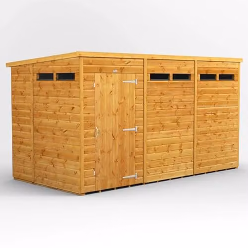 Powersheds Premium Pent Security Wooden Garden Shed in Brown with Toughened Glass and PVC Window Sills – 1