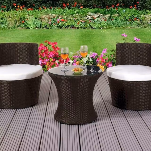 Comfy Living 3 Piece Modern Rattan and Metal Bistro Garden Furniture Set with Glass Top in Brown and Black