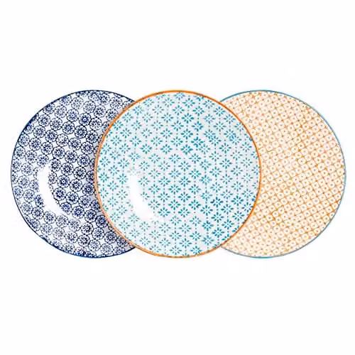 Nicola Spring Hand-Printed Floral Porcelain Side Plates, Pack of 6, Blue, Orange and Multicolour, Diameter: 18 cm