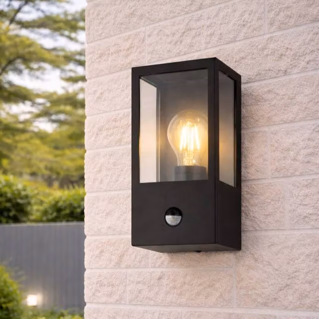 CGC Lighting Dave Black Stainless Steel and Glass Outdoor Wall Lantern with PIR Motion Sensor and E27 Socket – 1