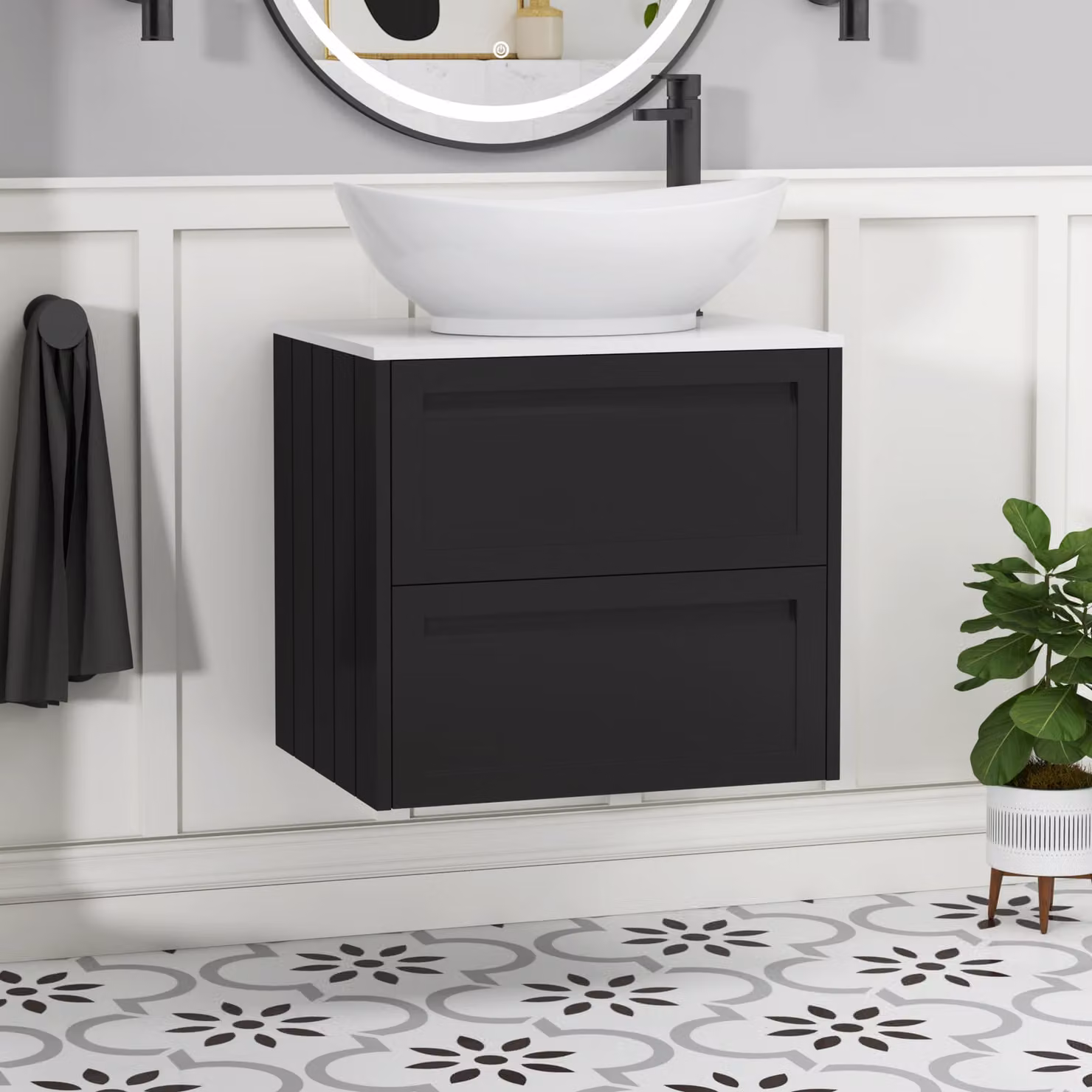 Royal Bathrooms Elmore 600mm Wall Hung Vanity Unit in Matt Nocturne Black with 2 Drawers and Plain White Worktop and Amaze Basin
