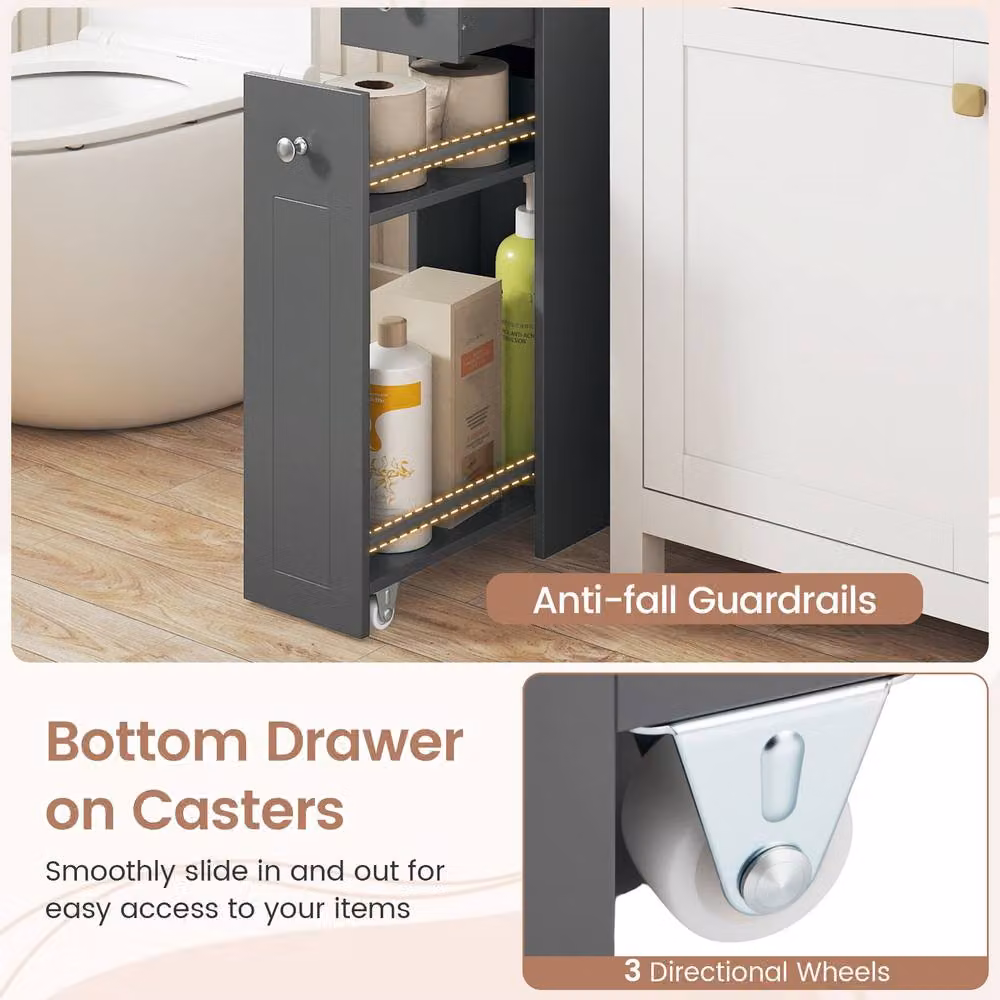CASART Slim Wooden Bathroom Storage Cabinet with Drawers in Grey – 4