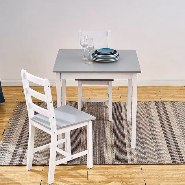 FORGEVIO Modern Square Dining Table and 2 Chairs Set with Grey Top and White Frame
