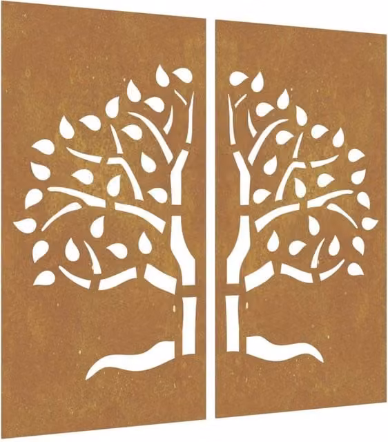 Berkfield Home Set of 2 Brown Corten Steel Floral Tree Wall Decorations, W: 105 cm, H: 55 cm