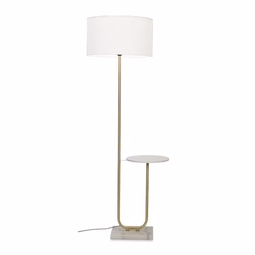 ValueLights Brushed Gold Floor Lamp with Brown Marble Base and Large White Fabric Shade – 1