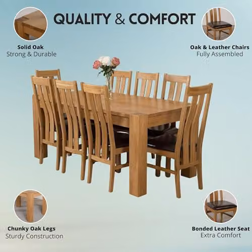 Oak Furniture King Kuba Solid Oak 8 Seater Dining Set with Princeton Upholstered Leather Chairs, Natural Finish, W/D/H: 180 x 90 x 78 cm – 2