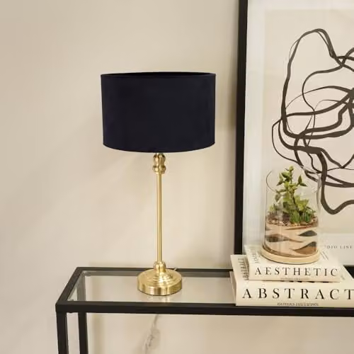 ValueLights Gold Metal Candlestick Table Lamp with Black Velvet Drum Shade and Included LED Bulb – 2