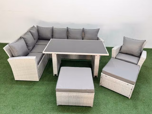 Fimous 9 Seater Wicker Rattan Corner Sofa Set with 2 Large Footstools and Armchairs in Light Grey