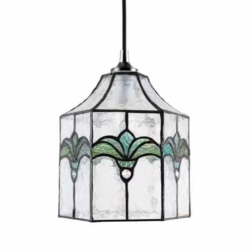 Happy Homewares Classic Lantern Tiffany Pendant Light Shade with Transparent Glass and Green Accents, W: 19 cm, D: 19 cm, H: 21 cm