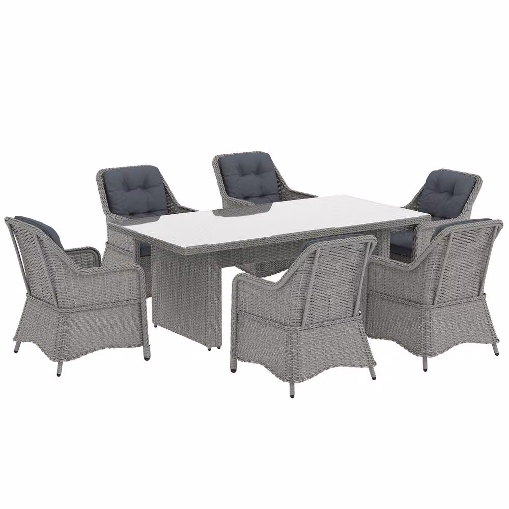 OUTSUNNY 6 Seater Rattan Dining Set with Glass Top Table and Cushions in Grey – 2
