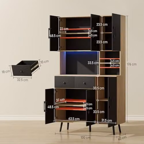 HOMCOM Modern Tall Kitchen Cupboard with RGB LED Lights, Black and Oak, H 176 x W 100 x D 40 cm – 3