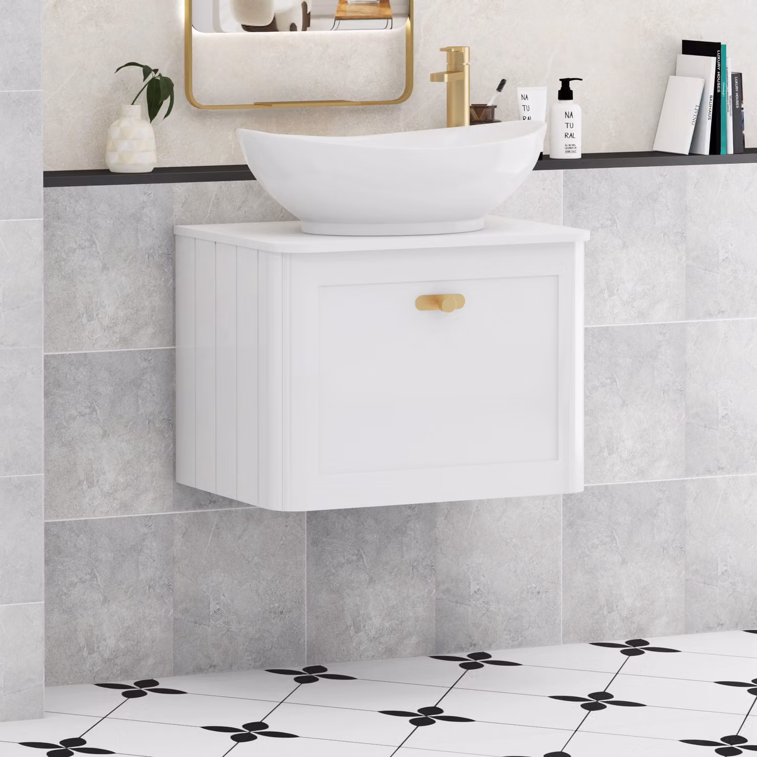 Royal Bathrooms Henley 600mm Gloss White Wall Hung Vanity Unit with Amaze Basin and Brushed Brass Knob