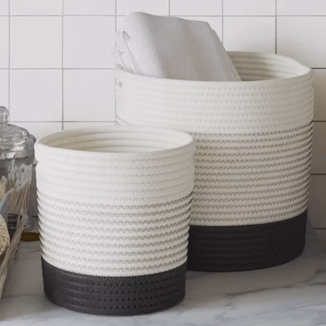 Berkfield Set of 2 Open Weave Cotton Storage Baskets in White and Black with Handles