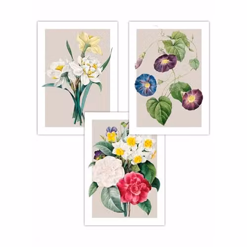 ARTZE Set of 3 Vintage Spring Daffodil Floral Wall Art Paper Posters in Beige, W: 42 cm, H: 59 cm – 2