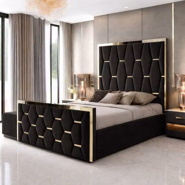 Paradise Beds Ltd Modern Upholstered Platform Bed Frame with Mirror Designed Headboard in Black, Single (W: 90 cm, L: 200 cm)