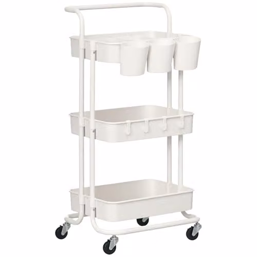 HOMCOM 3-Tier Metal Utility Rolling Cart with 3 Baskets and 4 Hooks, White, W: 38.0 cm, D: 42.0 cm, H: 86.5 cm – 1