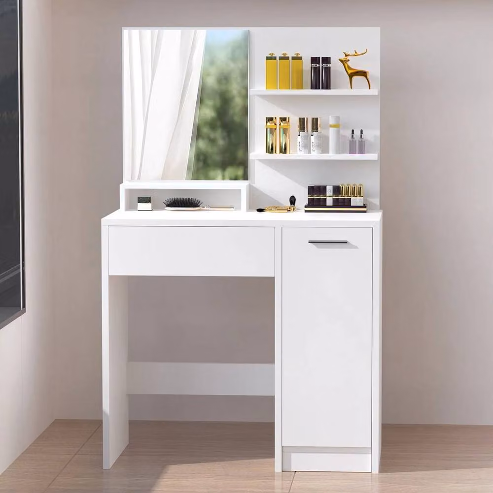 FORGEVIO Modern White Dressing Table with Drawers and Mirror Set – 2