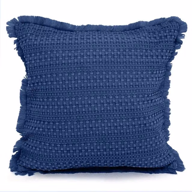 Velosso Navy Blue Shabby Chic Waffle Fringed Filled Cushion, W/D/H: 43 x 43 x 43 cm