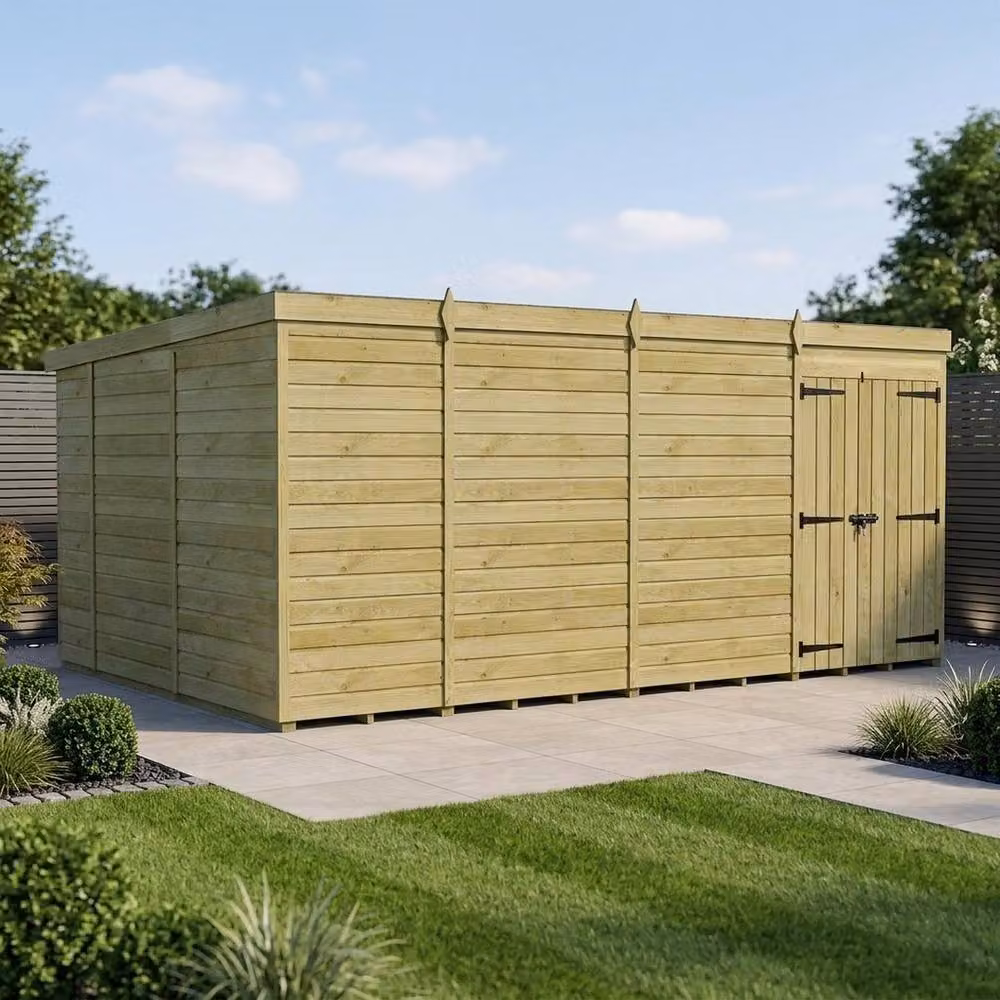 Buttercup Farm Brown Timber Pent Garden Shed with Double Doors, W: 457.2 cm, D: 304.8 cm, H: 210.0 cm – 2