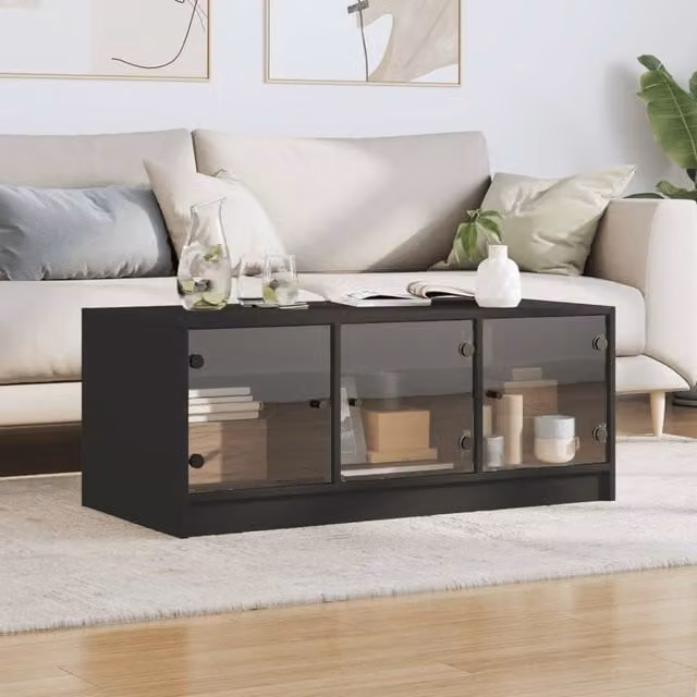 Berkfield Home Modern Black Coffee Table with Glass Doors W/D/H: 102 x 50 x 42 cm – 1