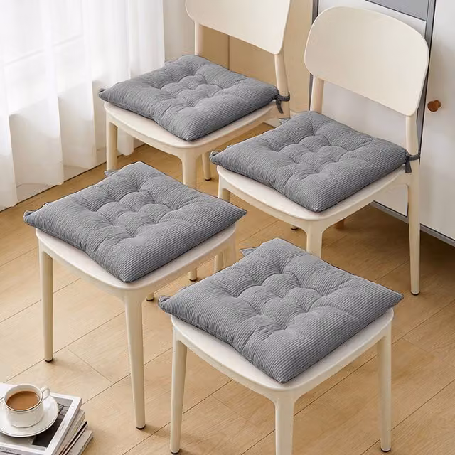 Livingandhome Set of 4 Grey Corduroy Square Chair Cushions with Non-Slip Quilted Design and Ties