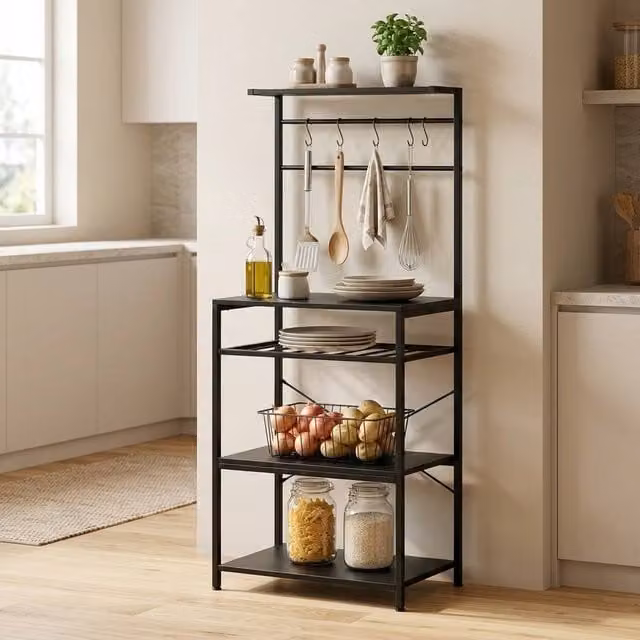 STILVORA Black Metal Storage Shelf with Wine Rack and 6 Hooks