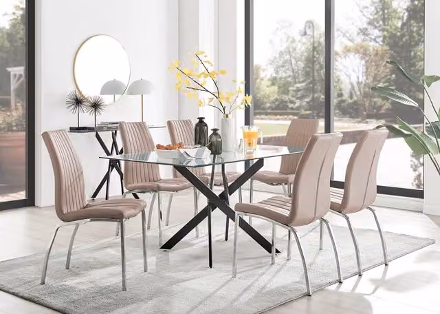 FurnitureboxUK Leonardo Black Leg Glass Dining Table with Six Isco Cappuccino Chairs